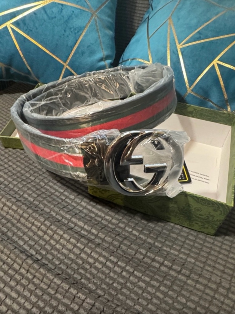 Gucci Green and Red Web Stripe Leather Belt with Double G Buckle